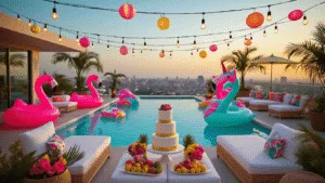 A vibrant rooftop pool party at sunset featuring an infinity pool with neon flamingo and unicorn floats, elegant lounge furniture, and a beautifully arranged dessert table, all surrounded by palm trees and city skyline.