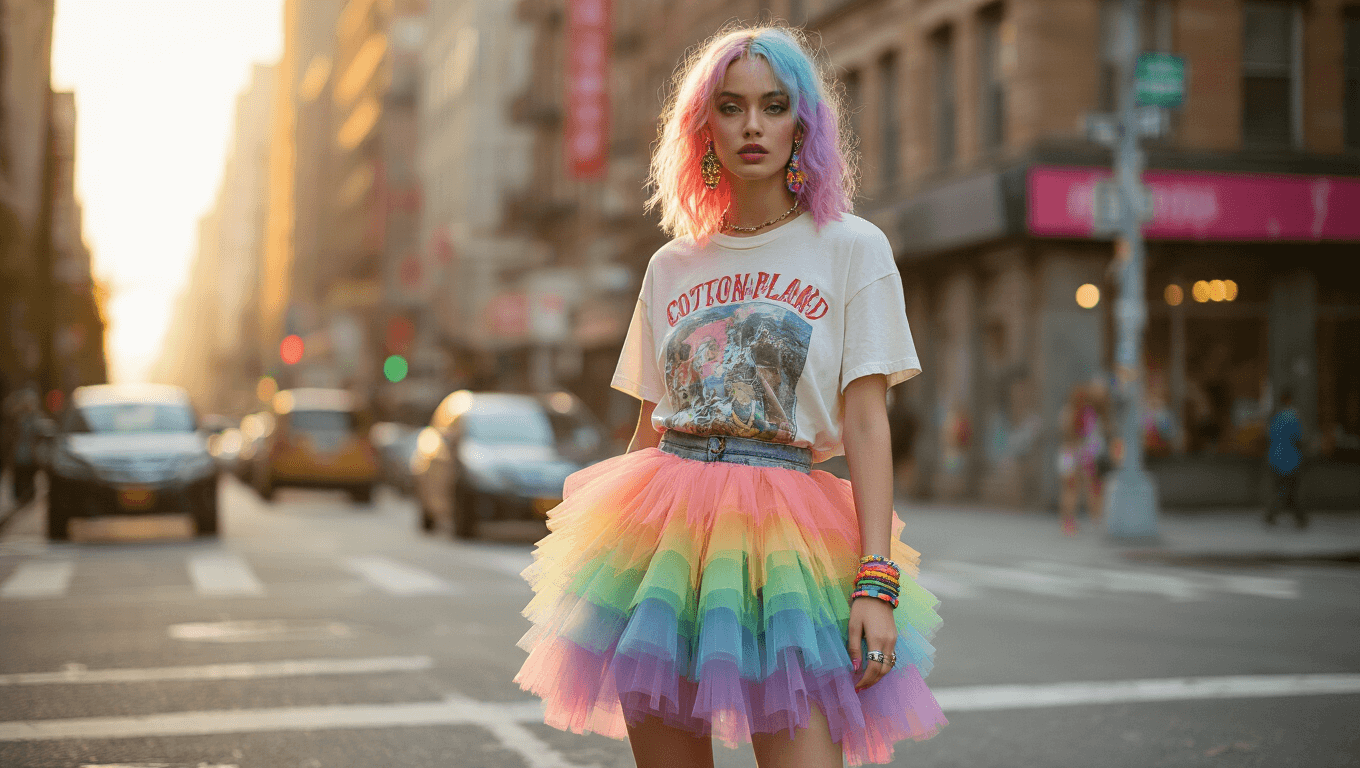 A fashionable model in a layered rainbow tulle skirt, distressed denim, and an oversized vintage band t-shirt, standing at an urban street corner during golden hour. She wears holographic platform sneakers, has pastel cotton candy-colored hair, and accessorizes with mismatched earrings and colorful bangles, all against a blurred city backdrop.