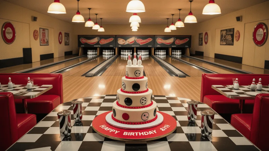 A vibrant 1950s bowling alley birthday celebration scene featuring polished wooden lanes, retro booths, and a three-tiered birthday cake with fondant bowling decorations, surrounded by guests in period attire, vintage neon signs, and festive balloon arrangements.
