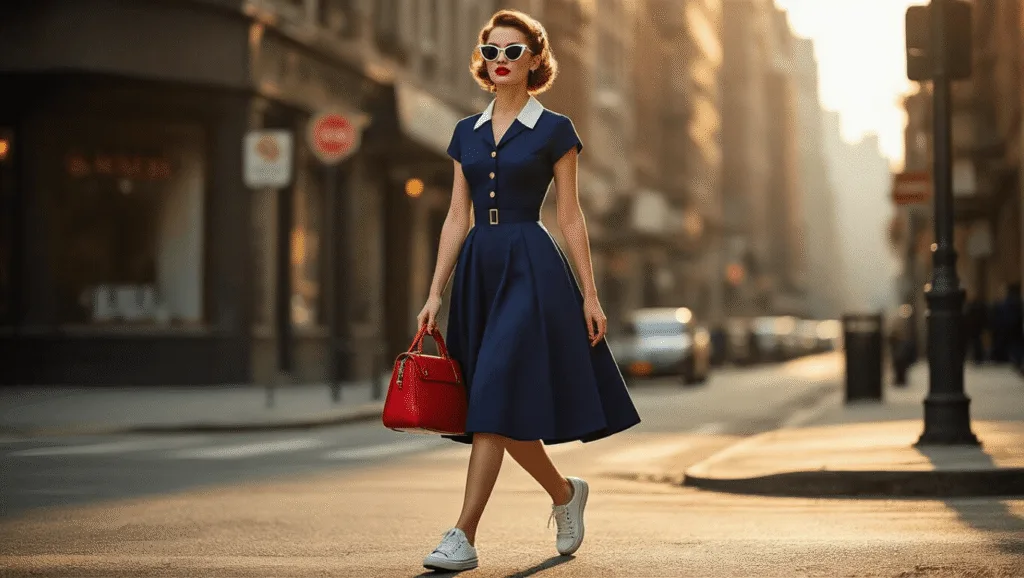 A young woman in a 1950s-inspired navy blue dress and cat-eye sunglasses confidently walks on an urban street during golden hour, carrying a red handbag and wearing modern white sneakers, with victory rolls in her hair and bright red lipstick.