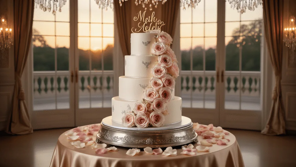 A luxurious three-tiered anniversary cake with silver details and blush pink roses, set on a vintage silver cake stand in an elegant ballroom adorned with soft sunset light and romantic decorations.