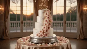 A luxurious three-tiered anniversary cake with silver details and blush pink roses, set on a vintage silver cake stand in an elegant ballroom adorned with soft sunset light and romantic decorations.