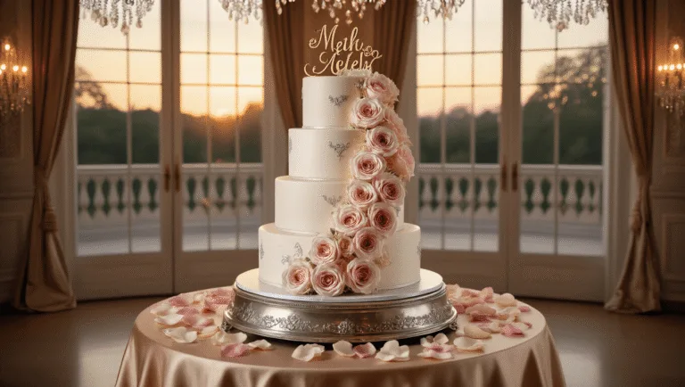 A luxurious three-tiered anniversary cake with silver details and blush pink roses, set on a vintage silver cake stand in an elegant ballroom adorned with soft sunset light and romantic decorations.