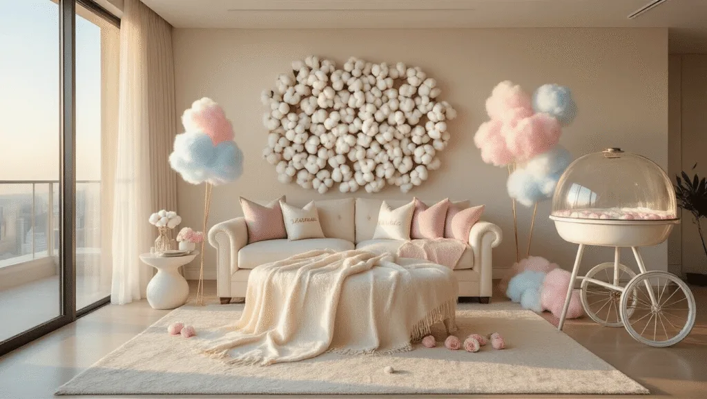 A luxurious modern apartment interior during golden hour featuring a cotton-themed anniversary celebration, with a monogrammed cotton blanket on a cream sofa, pastel cotton candy machine, and a wall of white cotton bolls illuminated by fairy lights.