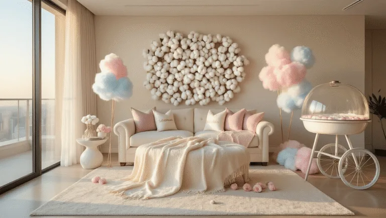 A luxurious modern apartment interior during golden hour featuring a cotton-themed anniversary celebration, with a monogrammed cotton blanket on a cream sofa, pastel cotton candy machine, and a wall of white cotton bolls illuminated by fairy lights.