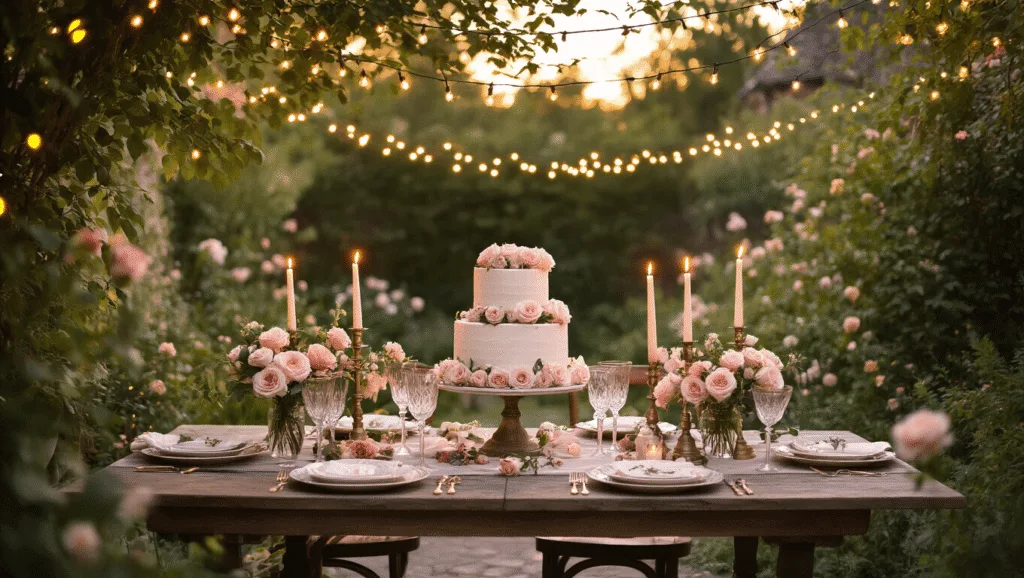 A romantic anniversary dinner in a garden at golden hour, featuring a rustic wooden table adorned with blush roses, vintage china, crystal glasses, and a three-tiered wedding cake, illuminated by string lights and flickering candles, set against lush greenery.