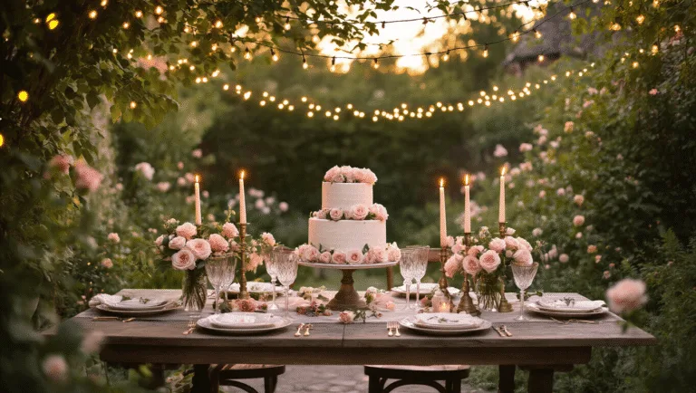 A romantic anniversary dinner in a garden at golden hour, featuring a rustic wooden table adorned with blush roses, vintage china, crystal glasses, and a three-tiered wedding cake, illuminated by string lights and flickering candles, set against lush greenery.