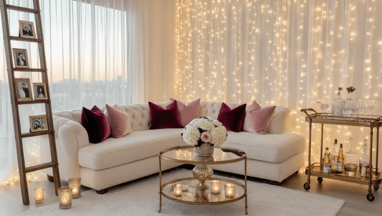 A luxurious living room bathed in golden hour light, featuring a cream sectional sofa with plush pillows, cascading fairy lights, a vintage ladder with couple photos, an elegant bar cart, and beautiful floral arrangements, highlighted by a romantic neon sign.