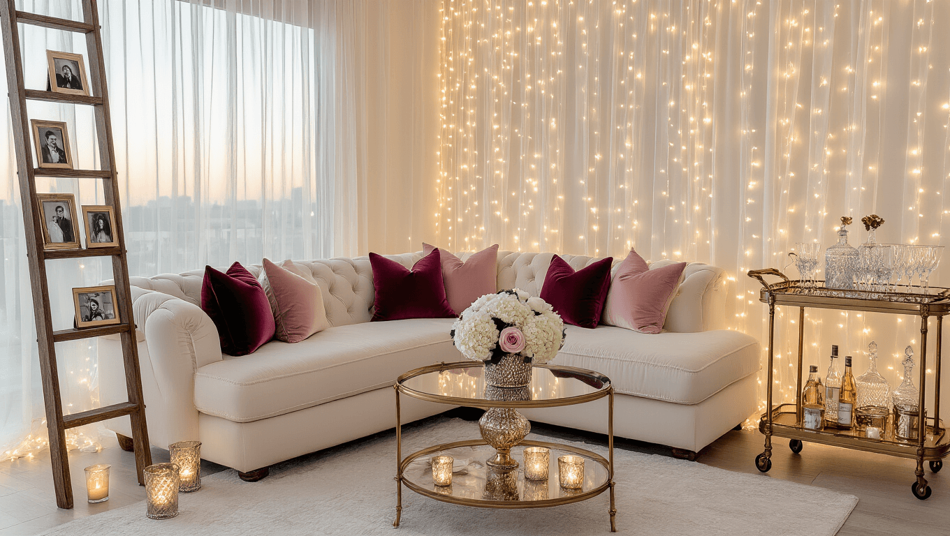 A luxurious living room bathed in golden hour light, featuring a cream sectional sofa with plush pillows, cascading fairy lights, a vintage ladder with couple photos, an elegant bar cart, and beautiful floral arrangements, highlighted by a romantic neon sign.