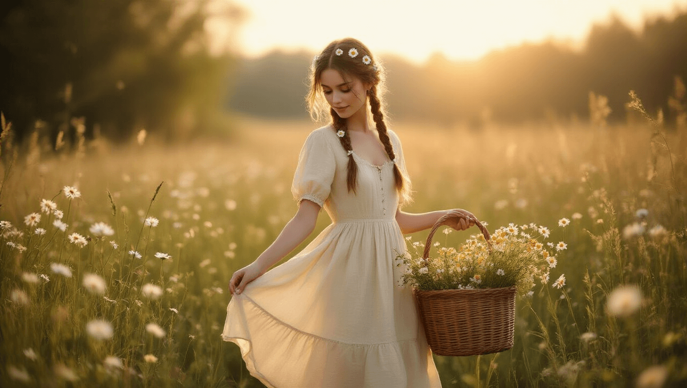 A young woman in a cream linen midi dress twirls in a sunlit meadow, surrounded by wildflowers, with golden hour lighting and a warm, dreamy atmosphere. Her hair features loose braids adorned with daisies, and a vintage woven basket filled with wildflowers sits nearby, in a soft, muted color palette.