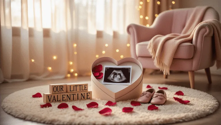 A romantic pregnancy announcement scene featuring an ultrasound photo in a heart-shaped box, surrounded by rose petals and vintage wooden letter blocks, all set in a sunlit living room with a cream rug and cozy blush armchair. Heart balloons and tiny baby shoes add to the warm atmosphere, enhanced by soft natural lighting and string lights.