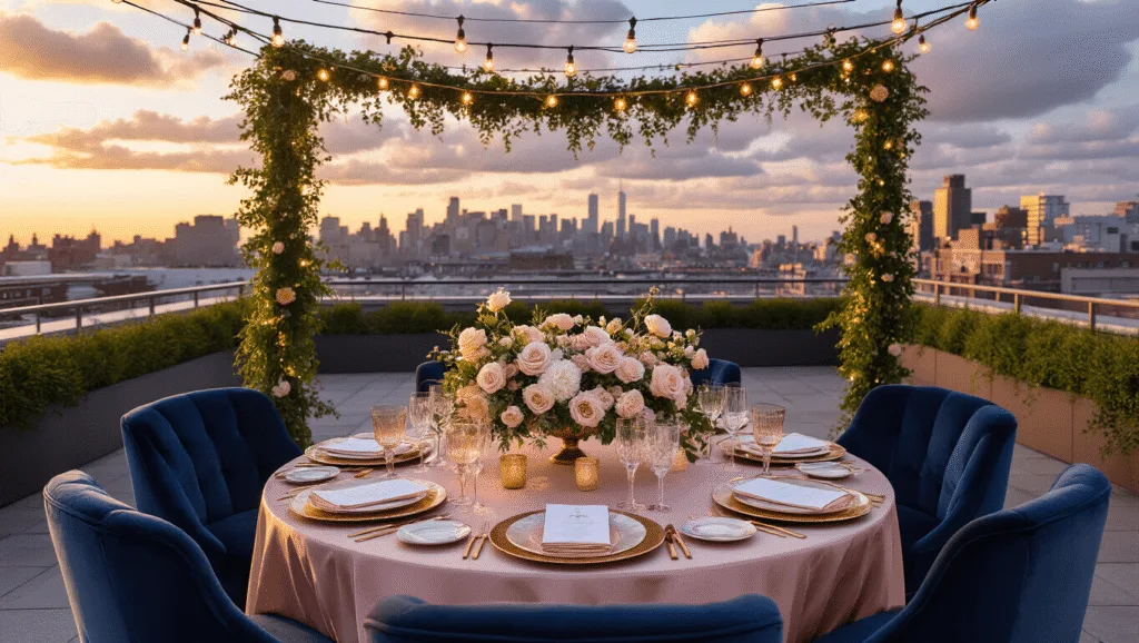 A luxurious rooftop anniversary celebration at golden hour, featuring a beautifully styled table with blush silk linens, floral centerpiece, warm fairy lights, city skyline backdrop, and a three-tiered wedding cake.