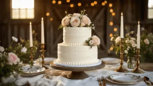 A beautifully crafted two-tier white buttercream cake adorned with fresh garden roses and wildflowers, set on a vintage wooden cake stand against a rustic barn backdrop, illuminated by warm golden hour sunlight, surrounded by elegant antique brass candlesticks and mismatched fine china.