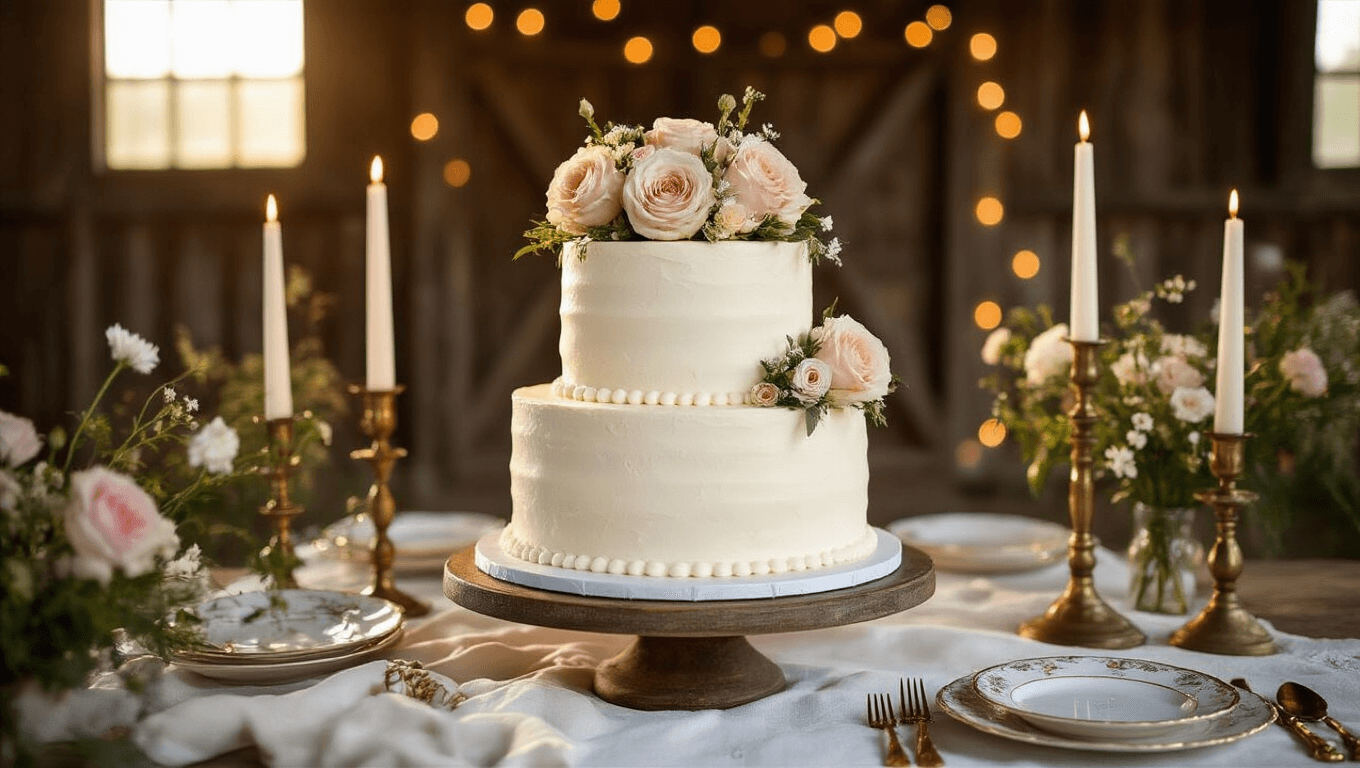 A beautifully crafted two-tier white buttercream cake adorned with fresh garden roses and wildflowers, set on a vintage wooden cake stand against a rustic barn backdrop, illuminated by warm golden hour sunlight, surrounded by elegant antique brass candlesticks and mismatched fine china.