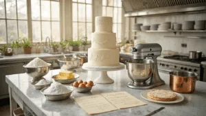 A beautifully arranged artisanal kitchen scene featuring a royal wedding cake preparation, highlighting precise ingredients, elegant baking tools, and delicate sugar flowers, all bathed in natural light with soft bokeh and a warm color palette.