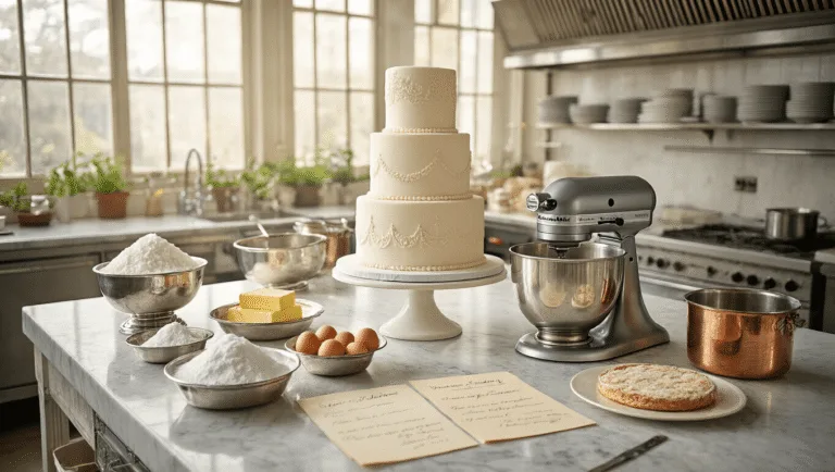 A beautifully arranged artisanal kitchen scene featuring a royal wedding cake preparation, highlighting precise ingredients, elegant baking tools, and delicate sugar flowers, all bathed in natural light with soft bokeh and a warm color palette.