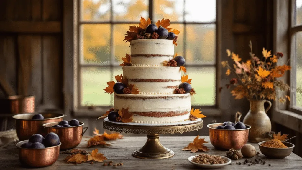 Three-tiered rustic wedding cake with semi-naked buttercream, adorned with burgundy figs, golden maple leaves, and pressed autumn flowers, displayed on an antique brass stand in a sunlit barn, with copper mixing bowls and spices in the foreground.