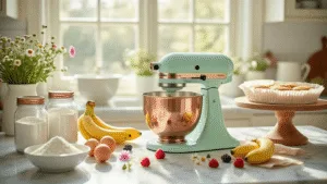 A bright kitchen scene with a marble countertop, showcasing baking ingredients like flour in vintage jars, fresh eggs, ripe bananas, and vanilla extract. A pastel mint stand mixer with copper accents is the focal point, surrounded by white ceramic bowls, a parchment-lined cake pan, and a wooden cake stand adorned with edible flowers and berries. The atmosphere is nostalgic, featuring soft natural light, bokeh background elements, and a warm color palette.