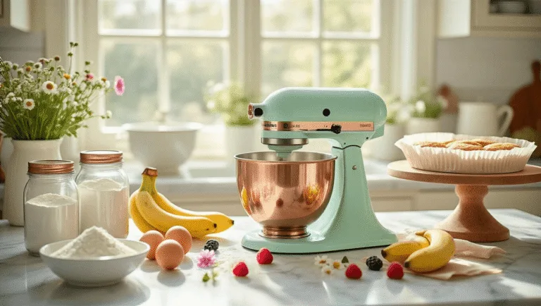 A bright kitchen scene with a marble countertop, showcasing baking ingredients like flour in vintage jars, fresh eggs, ripe bananas, and vanilla extract. A pastel mint stand mixer with copper accents is the focal point, surrounded by white ceramic bowls, a parchment-lined cake pan, and a wooden cake stand adorned with edible flowers and berries. The atmosphere is nostalgic, featuring soft natural light, bokeh background elements, and a warm color palette.