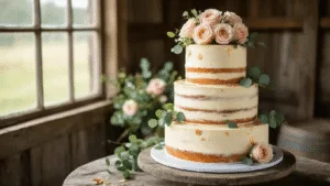 Photorealistic three-tiered semi-naked wedding cake with exposed golden sponge, adorned with dusty pink and cream garden roses, eucalyptus sprigs, and edible gold leaf accents, displayed on a rustic wooden cake stand in a barn setting, captured in soft natural light with intricate texture details and a shallow depth of field.