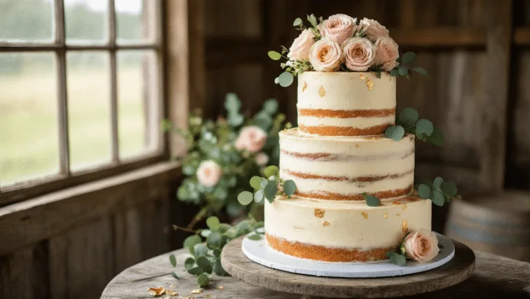 Photorealistic three-tiered semi-naked wedding cake with exposed golden sponge, adorned with dusty pink and cream garden roses, eucalyptus sprigs, and edible gold leaf accents, displayed on a rustic wooden cake stand in a barn setting, captured in soft natural light with intricate texture details and a shallow depth of field.
