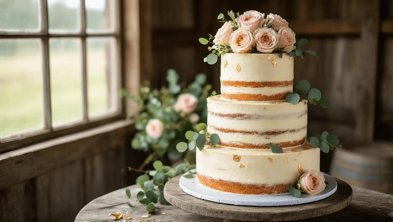 Photorealistic three-tiered semi-naked wedding cake with exposed golden sponge, adorned with dusty pink and cream garden roses, eucalyptus sprigs, and edible gold leaf accents, displayed on a rustic wooden cake stand in a barn setting, captured in soft natural light with intricate texture details and a shallow depth of field.