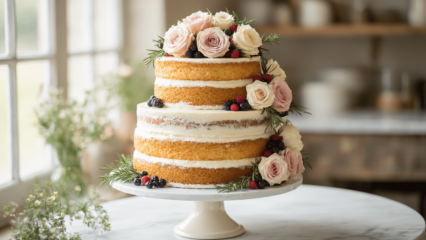 Elegant three-tiered naked wedding cake adorned with blush pink and cream garden roses, wild berries, and rosemary, displayed on an antique pedestal in a rustic bakery setting.