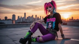 A scene kid model with neon pink and blue hair poses on an urban rooftop at sunset, wearing a bold graphic tee, ripped purple skinny jeans, and platform boots with neon laces, complemented by studded accessories and dramatic eye makeup, set against a warm city skyline.