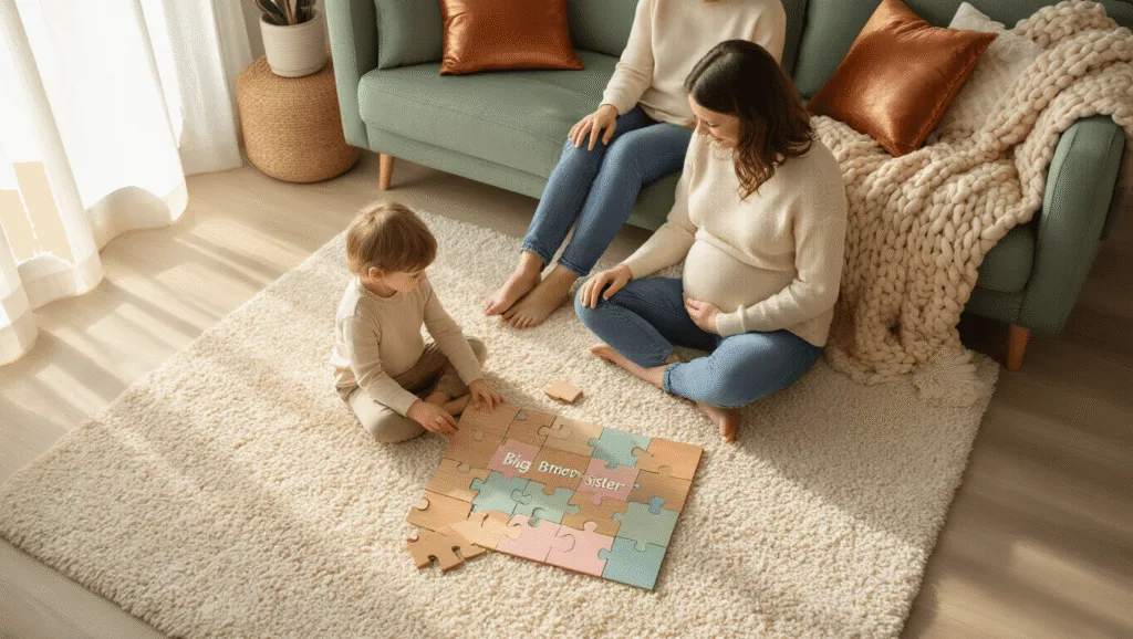 A cozy living room scene featuring a young child working on a puzzle that says "Big Brother/Sister," while parents sit nearby, with the mother gently touching her baby bump. Natural light filters through sheer curtains, creating a warm ambiance, and decorative elements include pillows, a blanket, and plants.
