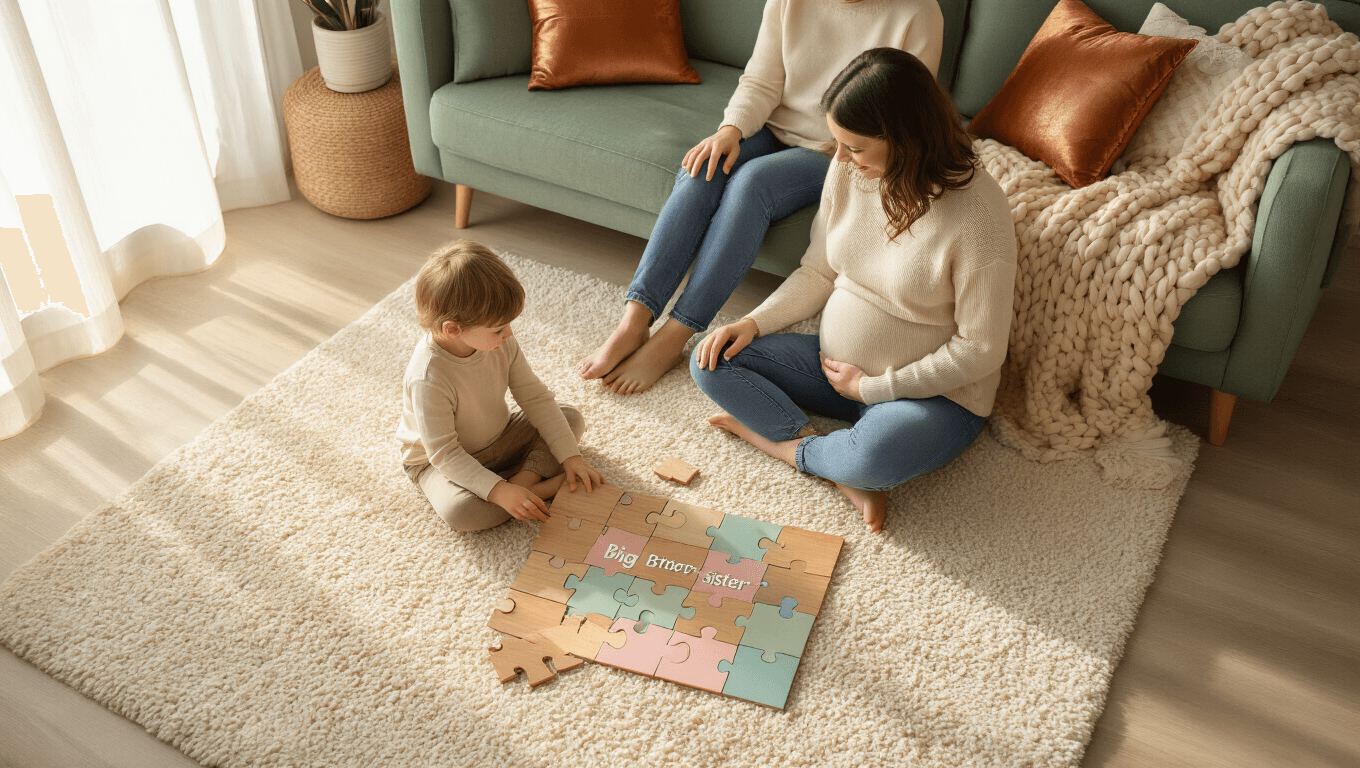 A cozy living room scene featuring a young child working on a puzzle that says "Big Brother/Sister," while parents sit nearby, with the mother gently touching her baby bump. Natural light filters through sheer curtains, creating a warm ambiance, and decorative elements include pillows, a blanket, and plants.