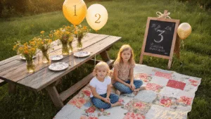 Aerial view of a whimsical backyard at golden hour, featuring children sitting on a patchwork quilt, surrounded by floral china, wildflowers, and helium balloons marked "1," "2," and "3." A chalkboard with "Third Time's a Charm!" is decorated with vines, while warm fairy lights create a dreamy atmosphere.