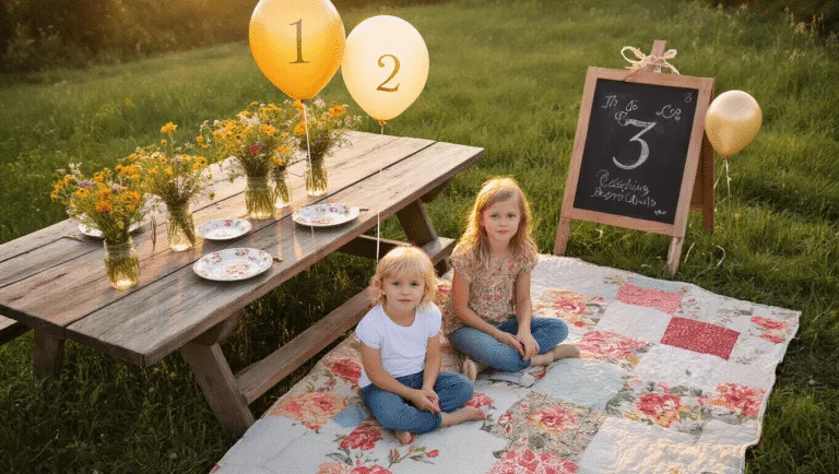 Aerial view of a whimsical backyard at golden hour, featuring children sitting on a patchwork quilt, surrounded by floral china, wildflowers, and helium balloons marked "1," "2," and "3." A chalkboard with "Third Time's a Charm!" is decorated with vines, while warm fairy lights create a dreamy atmosphere.