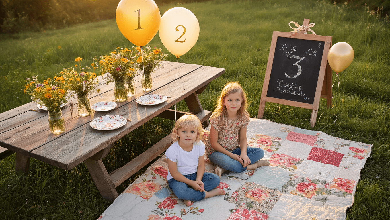 Aerial view of a whimsical backyard at golden hour, featuring children sitting on a patchwork quilt, surrounded by floral china, wildflowers, and helium balloons marked "1," "2," and "3." A chalkboard with "Third Time's a Charm!" is decorated with vines, while warm fairy lights create a dreamy atmosphere.