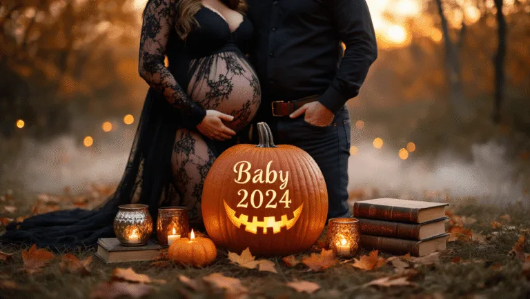A cozy fall scene featuring a pregnant woman in a black lace maternity dress and her partner in dark attire, with a carved pumpkin displaying "BABY 2024." The scene includes an ultrasound photo, vintage spell books, mercury glass votives, autumn leaves, and soft string lights, all bathed in warm candlelight and ethereal fog.