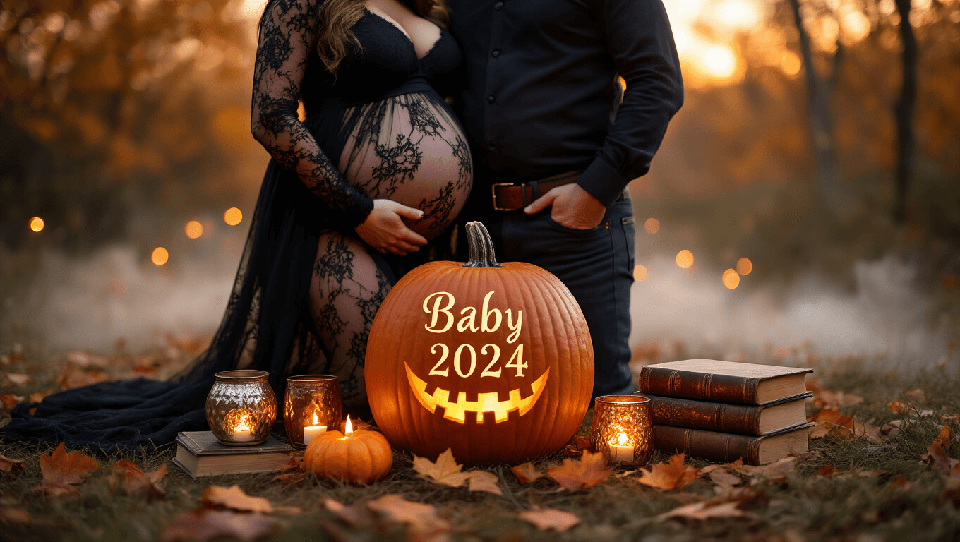A cozy fall scene featuring a pregnant woman in a black lace maternity dress and her partner in dark attire, with a carved pumpkin displaying "BABY 2024." The scene includes an ultrasound photo, vintage spell books, mercury glass votives, autumn leaves, and soft string lights, all bathed in warm candlelight and ethereal fog.