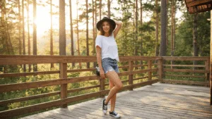 A model wearing a white t-shirt and denim shorts poses casually in sneakers on a rustic wooden deck surrounded by pine trees during golden hour.