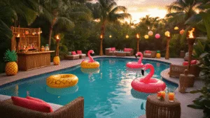 Splash into the Ultimate Pool Party: Your Go-To Guide for Unforgettable Summer Fun A luxurious tropical pool party at golden hour featuring a clear swimming pool with pineapple and flamingo floats, tiki torches, a bamboo bar with crafted cocktails, rattan furniture, and guests in colorful attire, all illuminated by warm ambient lighting.