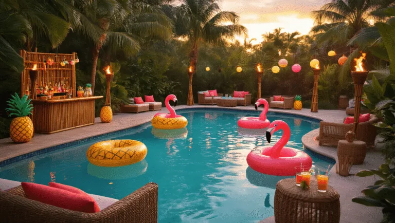 A luxurious tropical pool party at golden hour featuring a clear swimming pool with pineapple and flamingo floats, tiki torches, a bamboo bar with crafted cocktails, rattan furniture, and guests in colorful attire, all illuminated by warm ambient lighting.