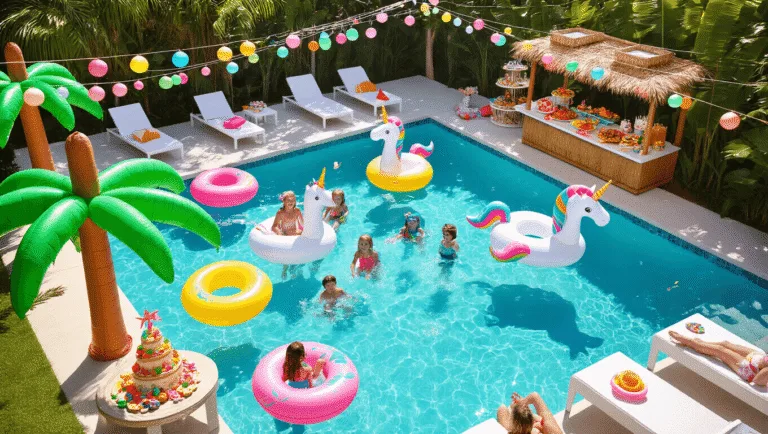 A vibrant aerial view of a luxurious backyard pool party with children splashing in a crystal-clear pool, surrounded by inflatable palm trees and unicorns, parents lounging on white deck chairs, and a tiki snack bar displaying fruits and a sandcastle cake, all under colorful lanterns during golden hour.
