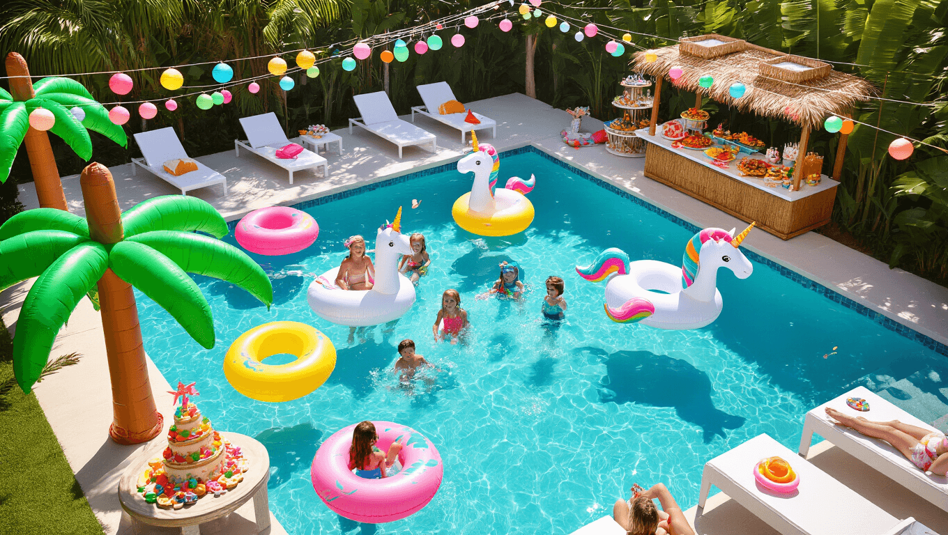 A vibrant aerial view of a luxurious backyard pool party with children splashing in a crystal-clear pool, surrounded by inflatable palm trees and unicorns, parents lounging on white deck chairs, and a tiki snack bar displaying fruits and a sandcastle cake, all under colorful lanterns during golden hour.