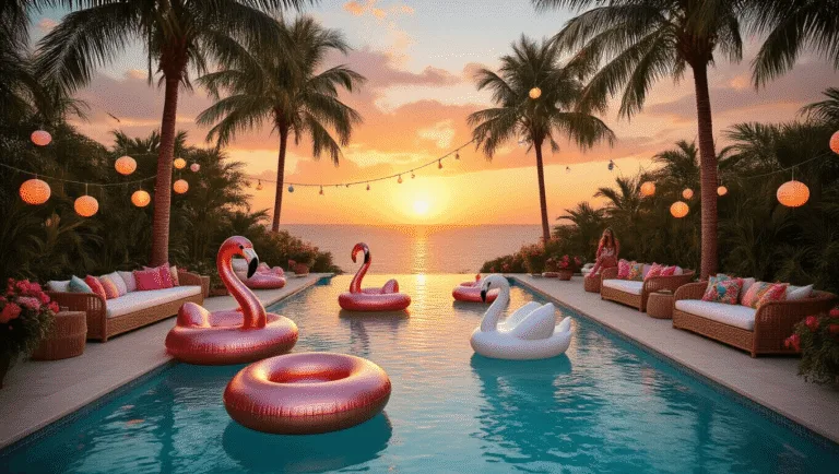 A luxurious tropical pool party at sunset with an infinity pool, designer floats, string lights, rattan furniture, and a tiki bar, all surrounded by palm trees and tropical flowers, captured in soft natural lighting.