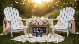 A dreamy garden scene at golden hour featuring two white Adirondack chairs with blush pink silk ribbons, a crate overflowing with peonies, a letterboard announcing twins, baby shoes, and an ultrasound photo, all surrounded by delicate fairy lights and dappled sunlight.