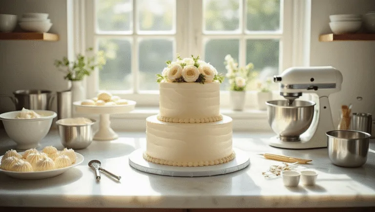 Photorealistic image of a two-tier wedding cake in a professional kitchen, featuring ivory buttercream, edible flowers, and organized baking tools on a marble countertop, illuminated by natural sunlight.