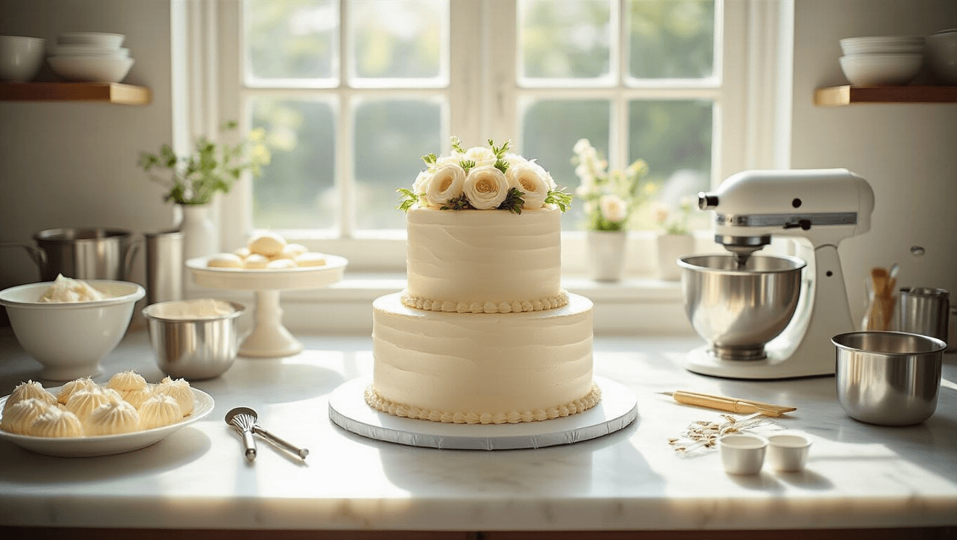 Photorealistic image of a two-tier wedding cake in a professional kitchen, featuring ivory buttercream, edible flowers, and organized baking tools on a marble countertop, illuminated by natural sunlight.