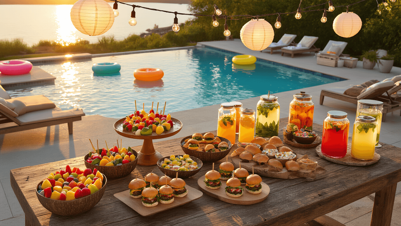 Photorealistic image of a luxurious poolside party at golden hour featuring a wooden table with vibrant food stations, string lights, and a crystal-clear pool reflecting the sunset, surrounded by plush lounge chairs and bright floats.