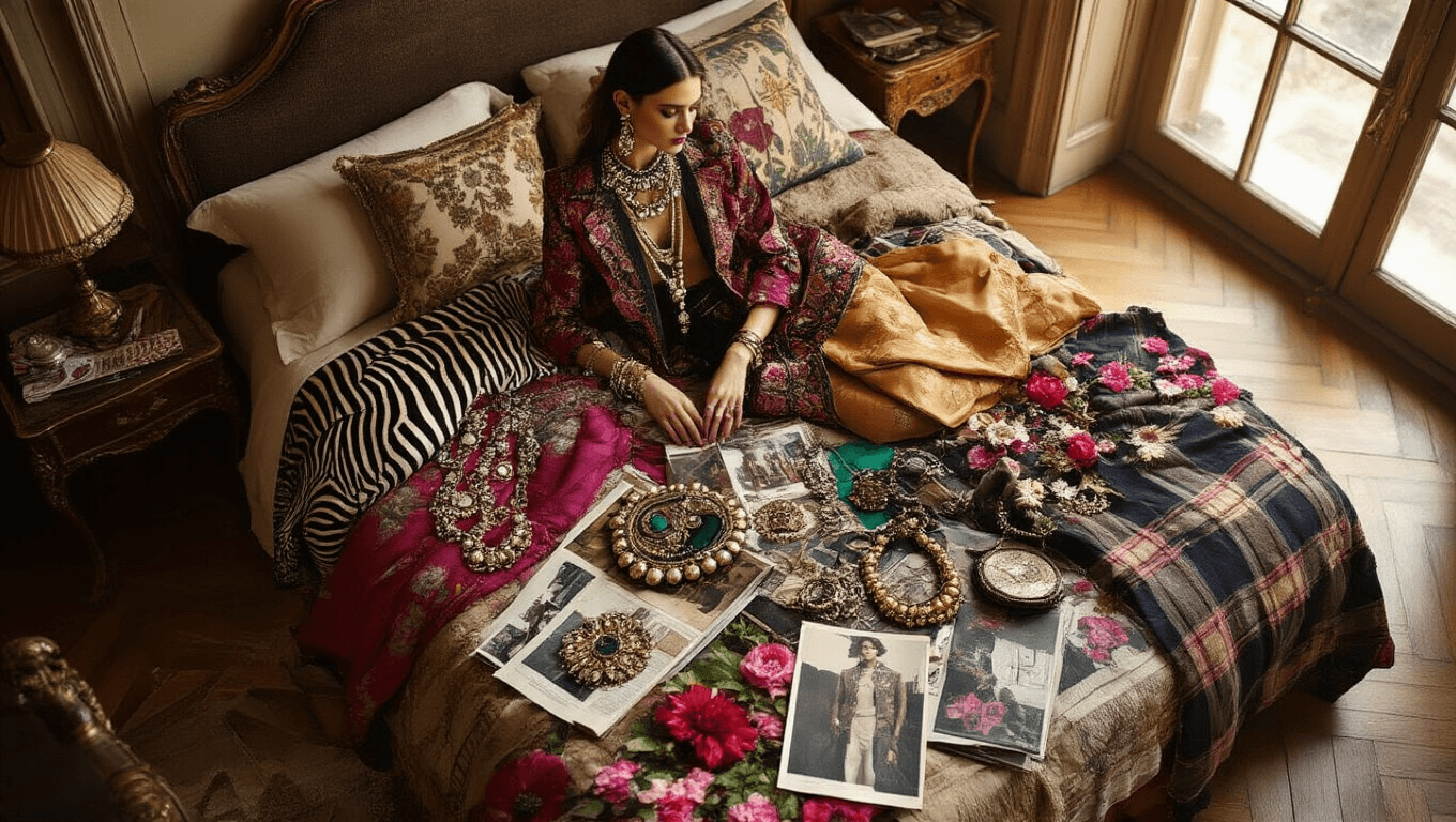A birds-eye view of a vintage flatlay showcasing jewel-toned garments, mixed patterns, and metallic accessories on an antique bed, illuminated by morning light on a herringbone wood floor.