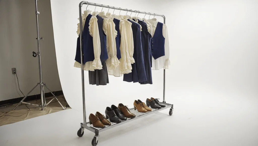 Birds-eye view of a professional wardrobe rack displaying vintage theater costumes, including cream ruffled blouses and navy vests, with character shoes on a silver rack against a white cyclorama backdrop, highlighted by soft professional lighting.