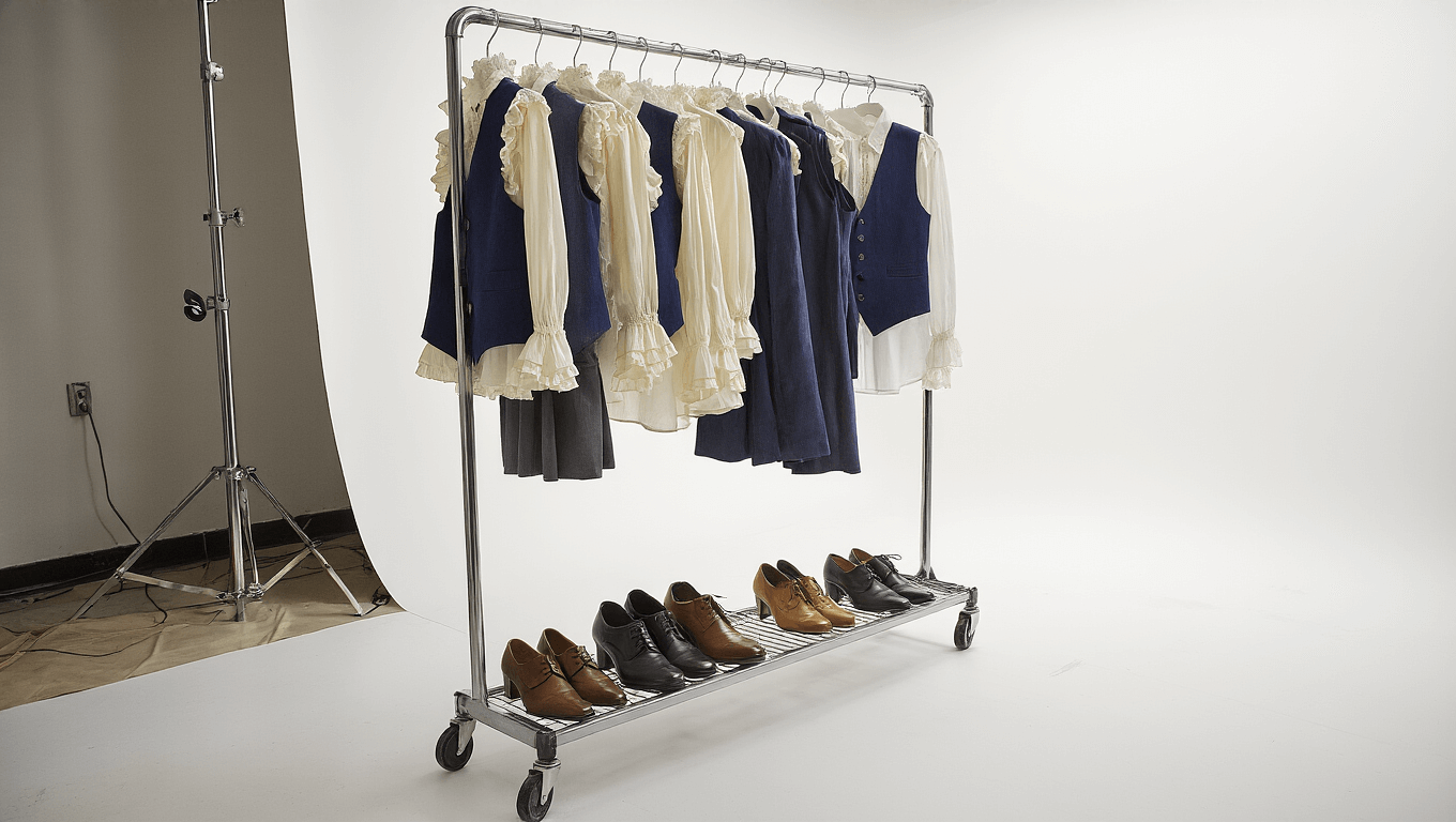 Birds-eye view of a professional wardrobe rack displaying vintage theater costumes, including cream ruffled blouses and navy vests, with character shoes on a silver rack against a white cyclorama backdrop, highlighted by soft professional lighting.
