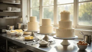 A sunlit professional bakery workspace featuring three cake tiers in various stages of completion on a stainless steel countertop, surrounded by baking tools and ingredients, with a pastry chef's hands at work in a controlled environment.