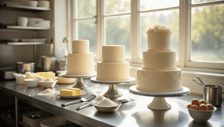 A sunlit professional bakery workspace featuring three cake tiers in various stages of completion on a stainless steel countertop, surrounded by baking tools and ingredients, with a pastry chef's hands at work in a controlled environment.